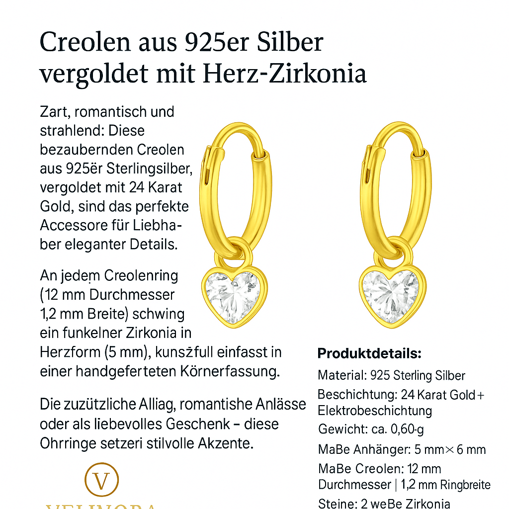 Creolen aus 925er Silber vergoldet mit Herz-Zirkonia beschreibung | Velinora Jewelry