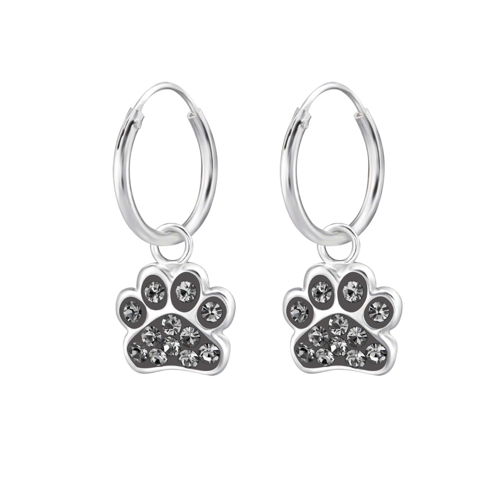 Creolen mit Pfotenanhänger | 925 Sterling Silber | Kristallbesetzt | Tierliebhaber-Schmuck