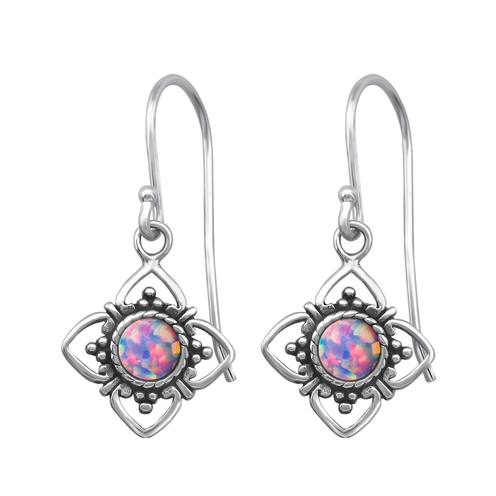 Silber-Ohrringe mit synthetischem Opal | 925 Sterling Silber oxidiert | Boho-Design