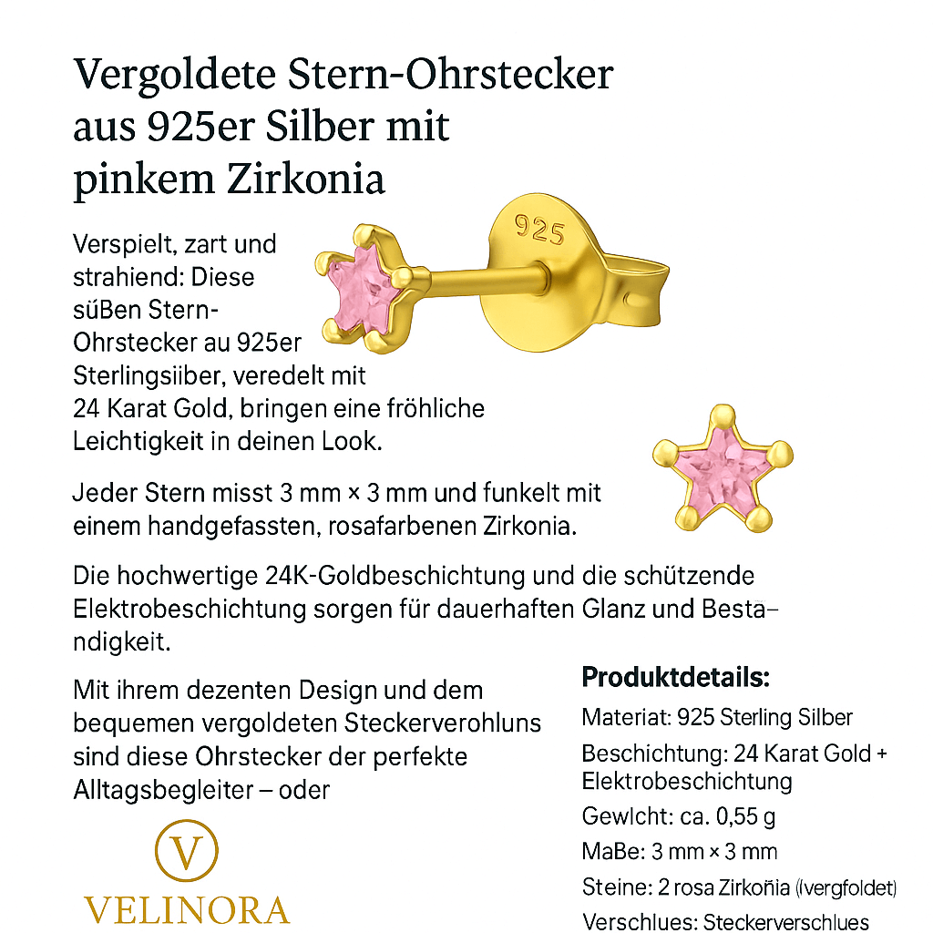 Vergoldete Stern-Ohrstecker aus 925er Silber mit pinkem Zirkonia Beschreibung| Velinora Jewelry